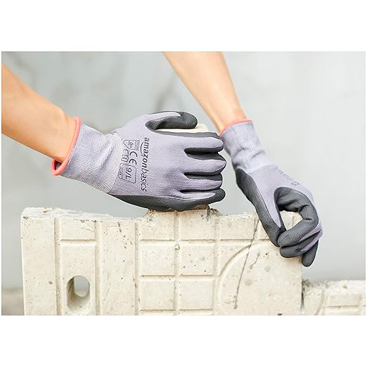 Amazon Basics Micro-Foam Nitrile Coated Work Gloves, Nylon Liner Fiber, Touch Screen, Grey, Size 9/L, 12 Pairs