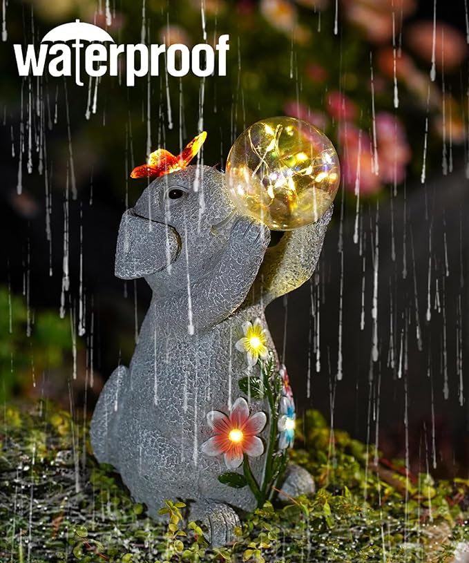 Solar Funny Dog Statue for Garden: Outdoor Sculptures with Ball Lights and Butterfly Clearance Lawn Ornaments Yard Porch Patio Balcony - Gifts for Mom Grandma