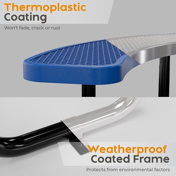 Metal Picnic Tables for Outdoors with Umbrella Hole - Coated Steel Heavy Duty Commercial Grade Table with Adjustable Seats (Blue, 46 in, Round, Expanded Steel)