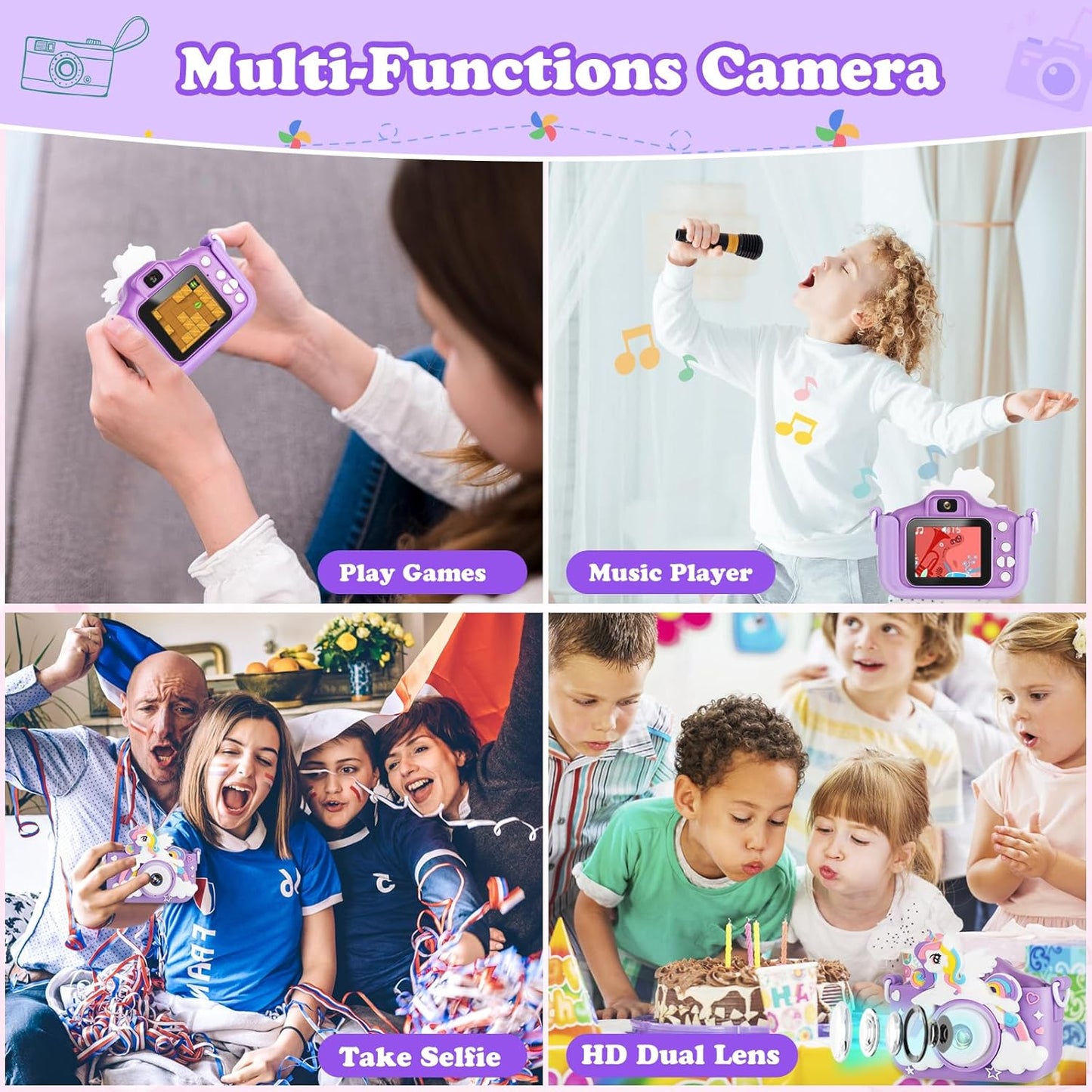 Kids Camera,HD Digital Video Camera with Protective Cover,Childrens Toys for 3 4 5 6 7 8 9 Year Old Boys/Girls,Selfie Camera for Kids,Christmas Birthday Gifts with 32GB SD Card (Unicorn Purple)