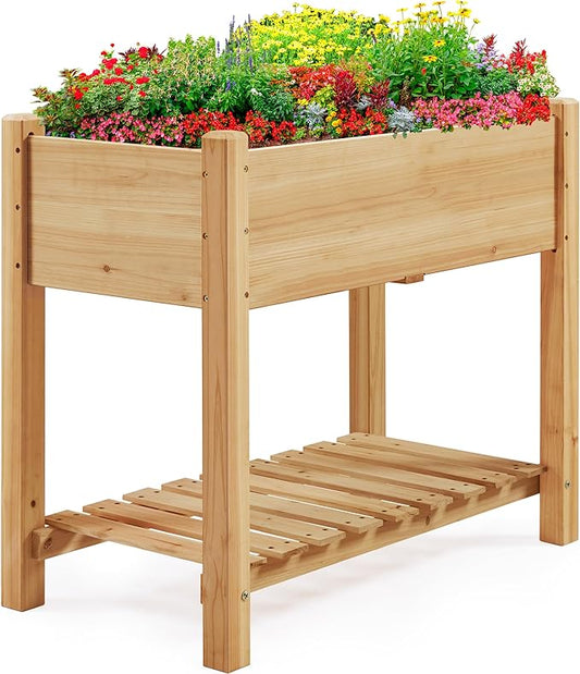 Yaheetech 34x18x30in Horticulture Raised Garden Bed Planter Box with Legs & Storage Shelf Wooden Elevated Vegetable Growing Bed for Flowers, Plants, Backyard, Patio, Balcony, Light Brown