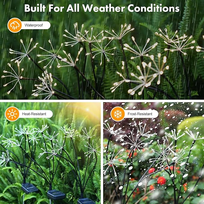 Solar Garden Light 4 Pack Twinkling Solar Firework Lights with 2 Modes 240LED, Solar-Powered Outdoor Waterproof for Outside Yard Pathway Garden Decor, Gardening Gifts for Women Mothers Day, Warm