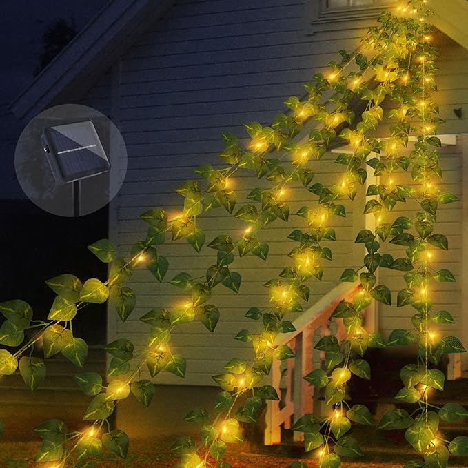 13.5FT*5 Branches Fake Vines with Fairy Lights, Solar Powered Ivy String Lights, 8 Modes Fake Plant Light, Waterproof Triangular Leaf Light for Eaves, Tree, Patio, Garden, Yard, Wedding Decoration