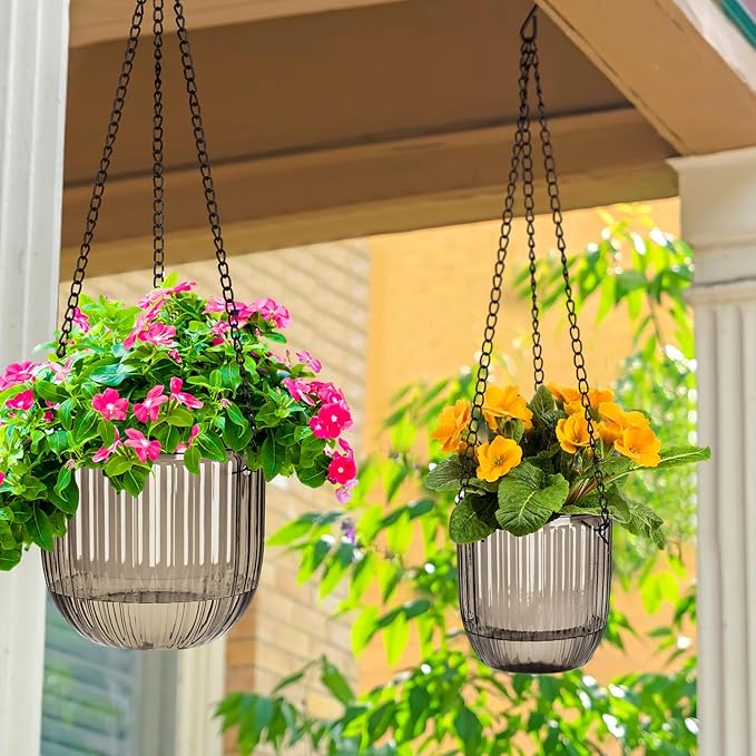Maxcheck 4 Pcs Self Watering Hanging Planters Indoor 6.5'' 4.5'' Hanging Flower Pots Baskets Outdoor Self Watering Hanging Plant with 3hooks Drainage Holes for Home(Gray)