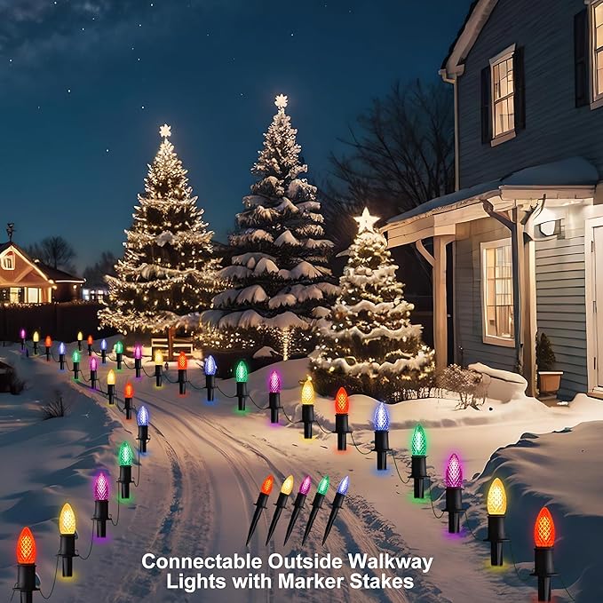 J-HVA 𝙇𝙀𝘿 C9 Strawberry Christmas Pathway Lights - 29ft Christmas Multicolor String Lights Outdoor Waterproof Walkway Lights with 25 Marker Stakes for Xmas Tree Yard Garden Decoration (25 Lights)