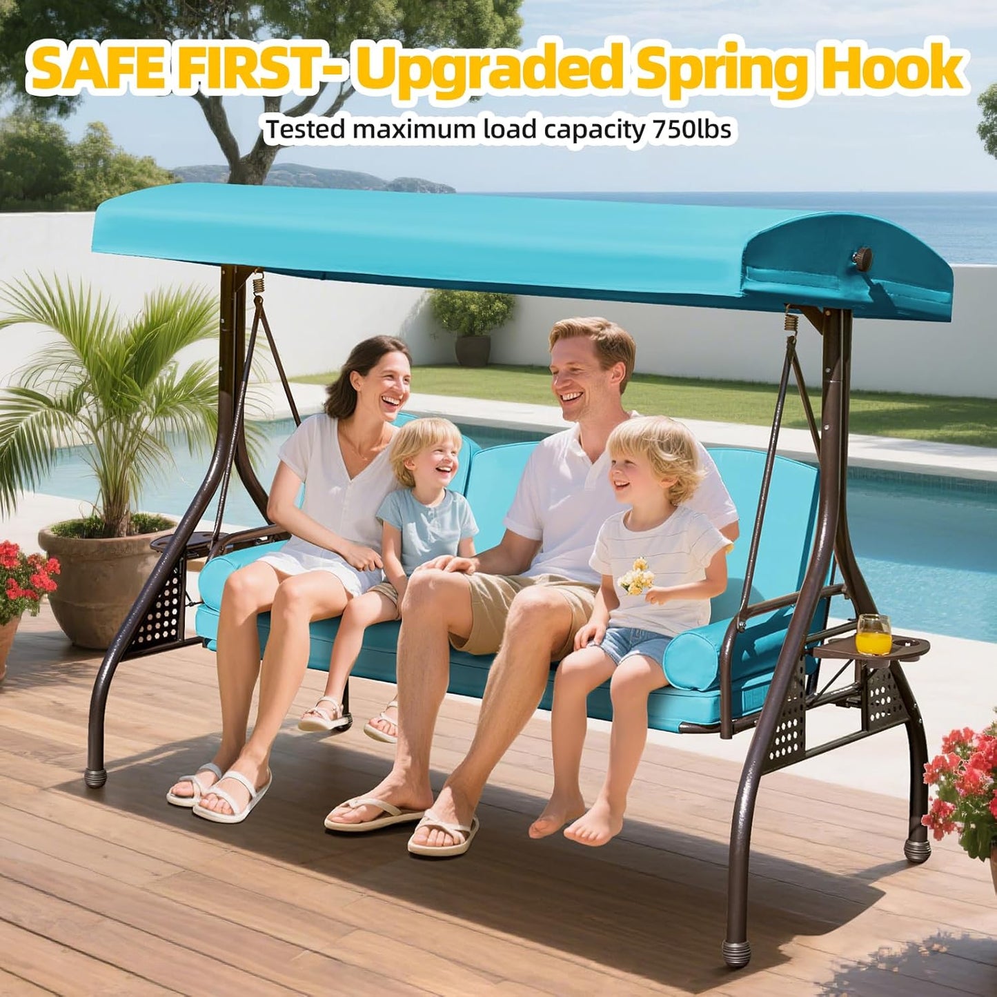 3-seat Patio Swing with Canopy,Convertible Outdoor Swing Bed with Thick Cushions, Pillows & Cup Holders, 3-Seat Outdoor Swings Chair for Backyard, Garden, Deck(Lake Blue)