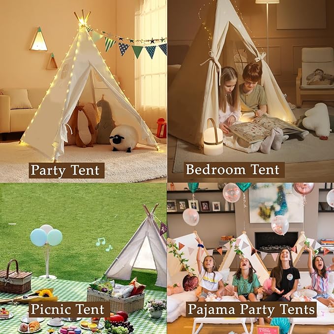 6 Packs Teepee Tent for Kids with 10ft String Lights, Indoor Play Teepee Tent for Girls & Boys, Foldable Tents for Birthday Party Boho Sleepovers Party Pajama Party (White)