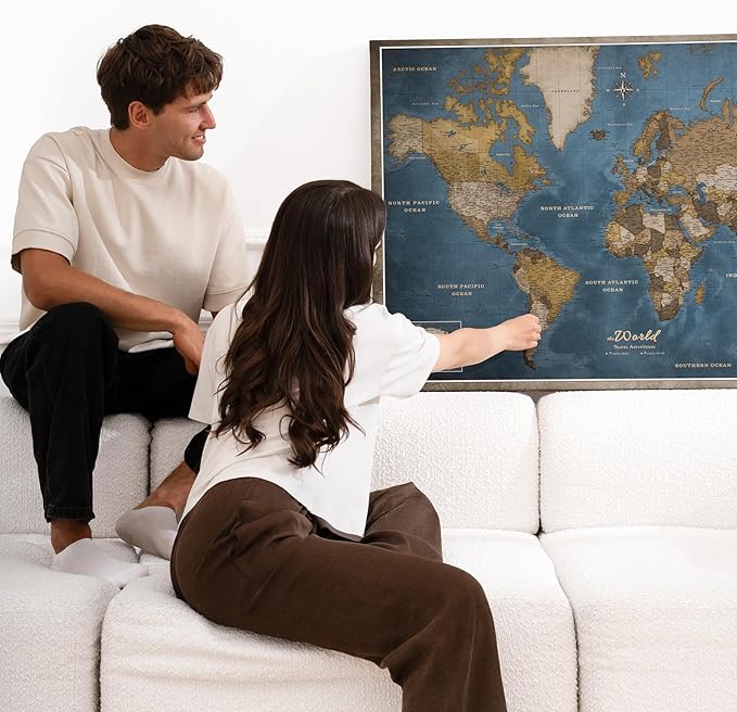 Canvas World Map with Cork Pin Board - English Lettering - Decorative Wall Decoration for All Rooms - Canvas Pictures with World Map Motif (90x60 cm, Pattern 13)