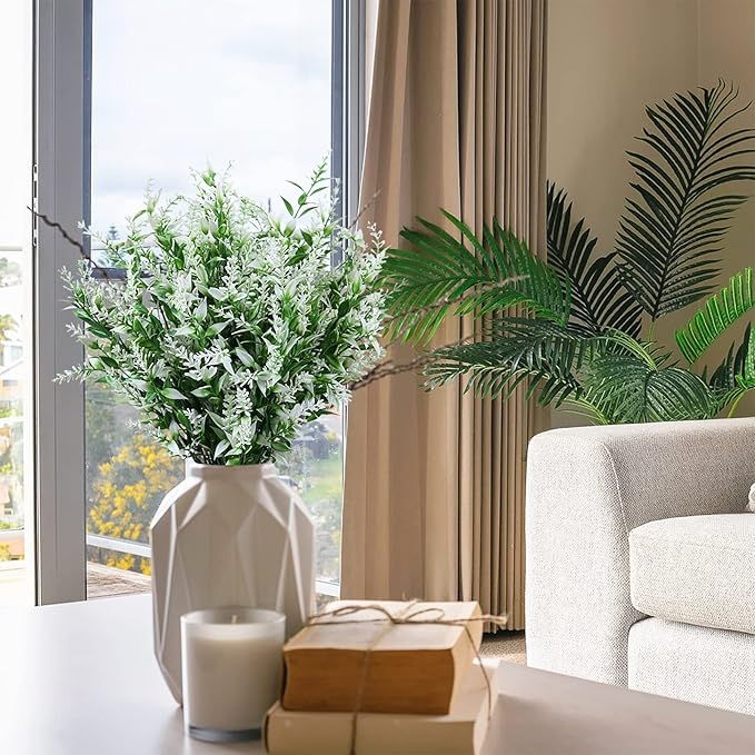 8 Pack Artificial Plants Flowers Grass Shrubs No Fade Faux Plastic Flowers Outdoor for Vases Farmhouse Garden Porch Patio Office Indoor Wedding Decoration Greenery Fake Plants (5#White)