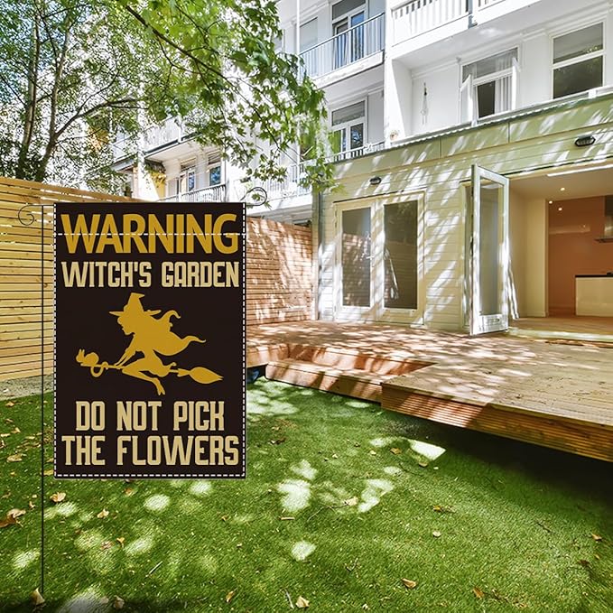 Witch's Funny Garden Flag Do Not Pick the Flowers Sign Plant Lover Gift Small Double Sided Burlap art Stained Glass Style Garden Flags 12 x 18 Inch for Outside