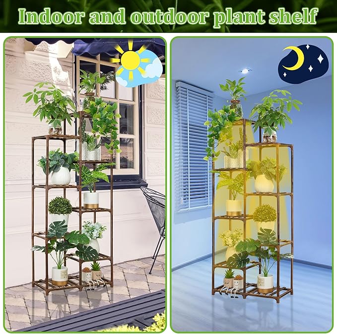 Dreyoo Plant Shelf with Grow Light, 8 Tiered Wood Plant Stand Indoor with Full Spectrum Grow Light for Corner, Multi Layer Tall Lighted Flower Stand for Living Room/Balcony/Outdoor/Garden Display