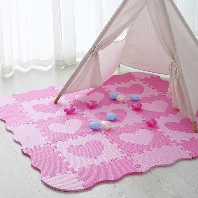 Foam Play Mat for Kids, 25pcs Square Interlocking Puzzle Floor Mat, Baby Toddler Playmat with Fence - Pink Heart