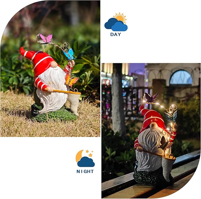 Solar Powered Gnome Garden Statue with Iron Butterflies - LED Lighted Garden Decorations, Resin Gnome with Butterfly Net, Gifts for Women and Men,Outdoor Decor Ornaments for Outside