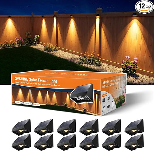 12 Pack Decorative Solar Powered Fence Lights Outdoor Waterproof with Warm White LED Spot Lens, for Outside Wall, Deck, Patio, Yard, Rail, Garage, Pool, Designed for Enhanced Security, Easy Install