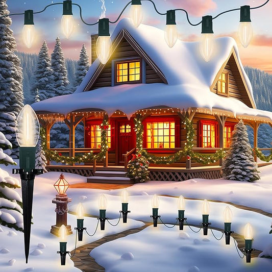 C9 Christmas Pathway Light, Outdoor Christmas Pathway Markers Lights with 27 C9 LED Clear Bulbs, Waterproof Connectable Walkway Lights for Outdoor Yard Holiday Sidewalk Driveway Christmas Decorations