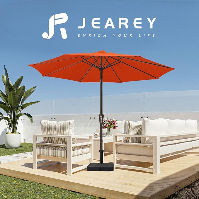 JEAREY 10FT Outdoor Patio Umbrella Outdoor Table Umbrella with Push Button Tilt and Crank, Market Umbrella 8 Sturdy Ribs UV Protection Waterproof for Pool, Garden (Orange Red)