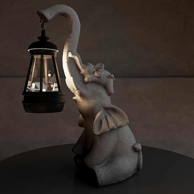 Solar Powered Outdoor Figurine Lights, 10 Inch Waterproof Animal Elephant Statue Light, Suitable for Decorations for Patio, Balcony, Lawn, Courtyard, Etc.(Trunk)