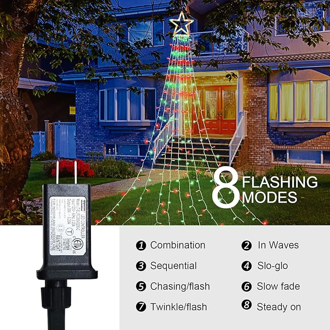Christmas Decorations Star String Lights, 320 LED Waterfall Tree Lights with 13" Topper Star 8 Lighting Modes Indoor Outdoor Decorative for New Year, Holiday, Wedding, Party