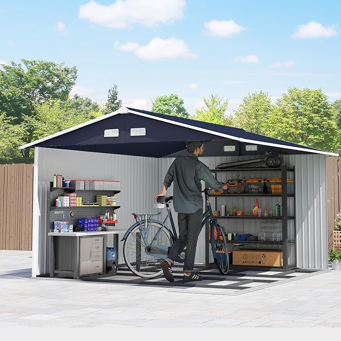 Outsunny 11' x 9' Outdoor Storage Shed, Garden Tool Metal Shed with Foundation Kit, Double Lockable Door, Air Vents and Sloping Roof, for Backyard, Patio, Lawn, Dark Gray