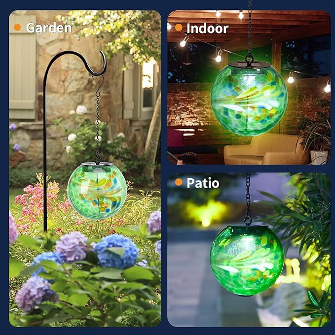 VCUTEKA Solar Hanging Lanterns, Outdoor Glass Gazing Ball Lights with Hook, Waterproof Energy-Efficient Solar Lanterns for Garden, Yard, Tree and Patio Decor, Green
