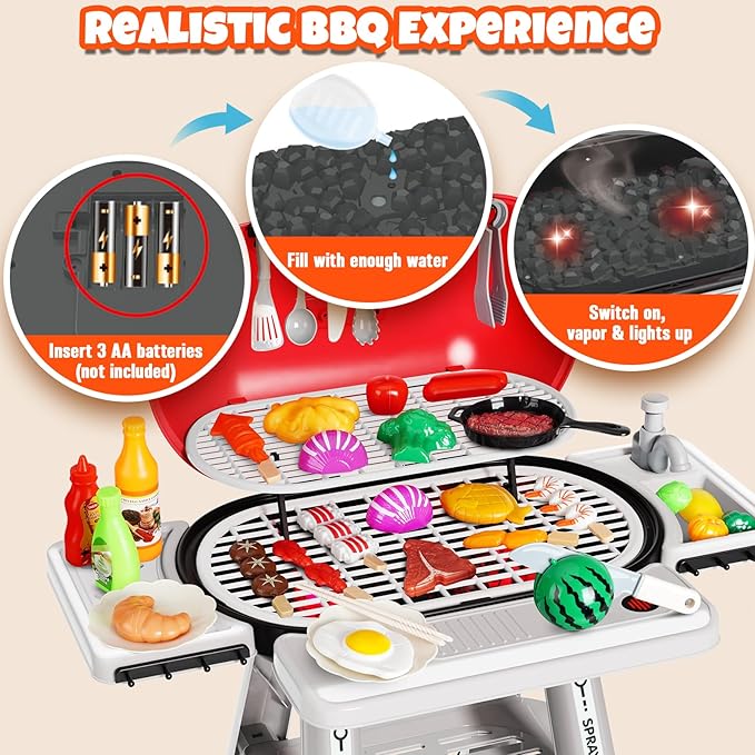 68 Pcs BBQ Grill Playset - with Smoke, Light, Sound & Play Food, Kids Toys Kitchen Play Set, Outdoor Play Grill Toy for Toddlers 3 4 5 6 7 8, Birthday Gifts for 3-8 Years Old Boy Girls