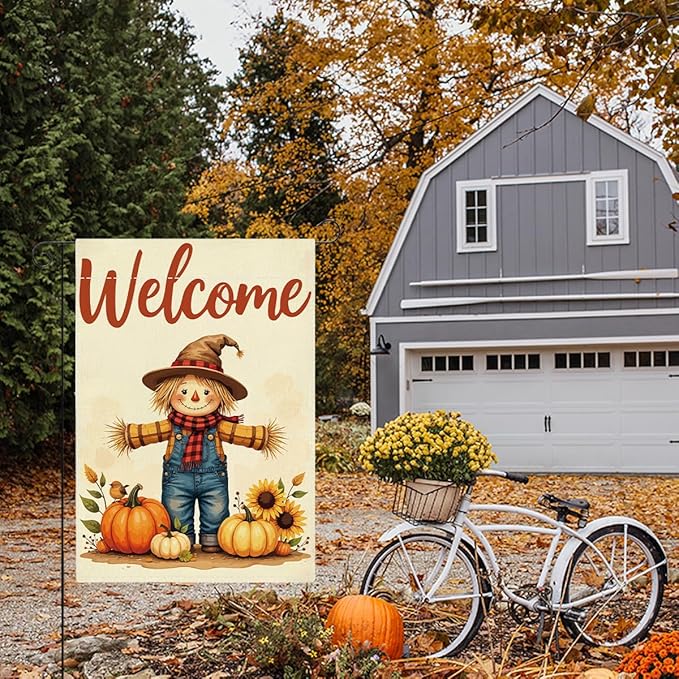 Fall Welcome Garden Flag Autumn Thanksgiving Scarecrow Garden Flag 12x18 inch Double Sided Fall Thankful Flags Holiday Decorations for Yard Lawn Patio (Flay 1810)