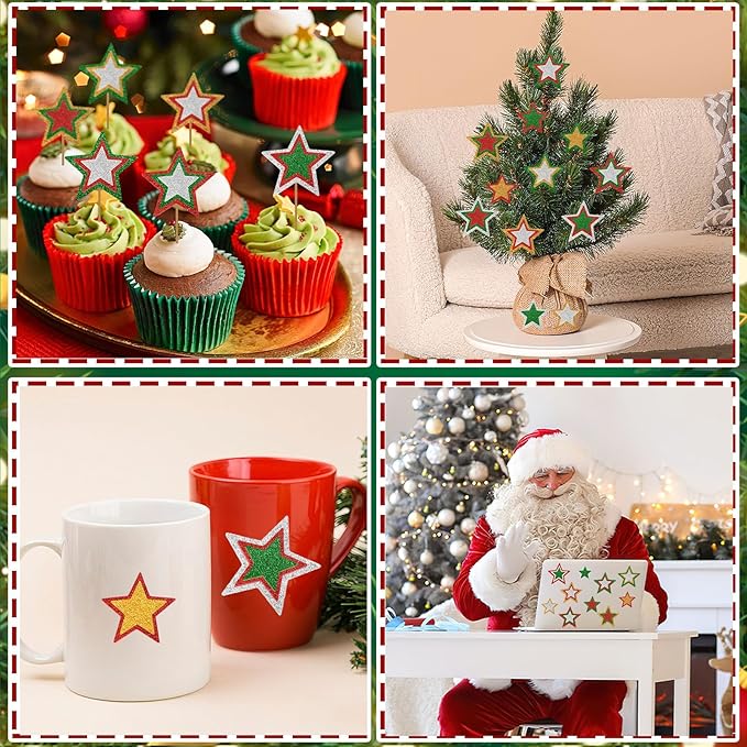 JULBEAR Star Foam Sticker, 300Pcs Christmas Glitter Star Shapes Foam Stickers for Kids Holiday Xmas Party Favors Toddler DIY Crafts Supplies Home Decorations(Red Green Gold Silver)