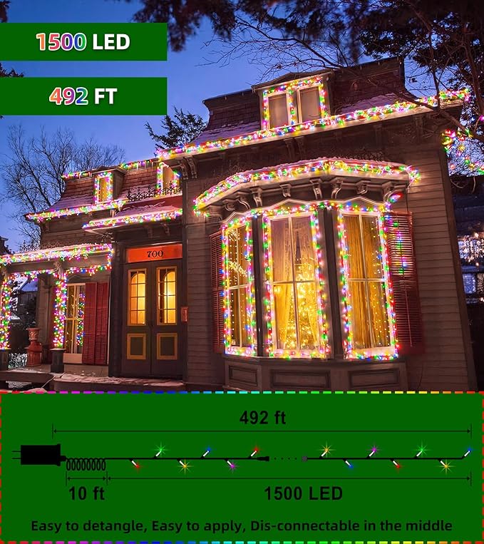 1500 LED 492FT Christmas Lights Outdoors, Green Wire LED String Lights with Timer Memory, Christmas Tree Lights for Indoor Outdoor Christmas Decorations Party Xmas Wedding Garden Patio (Multicolor)