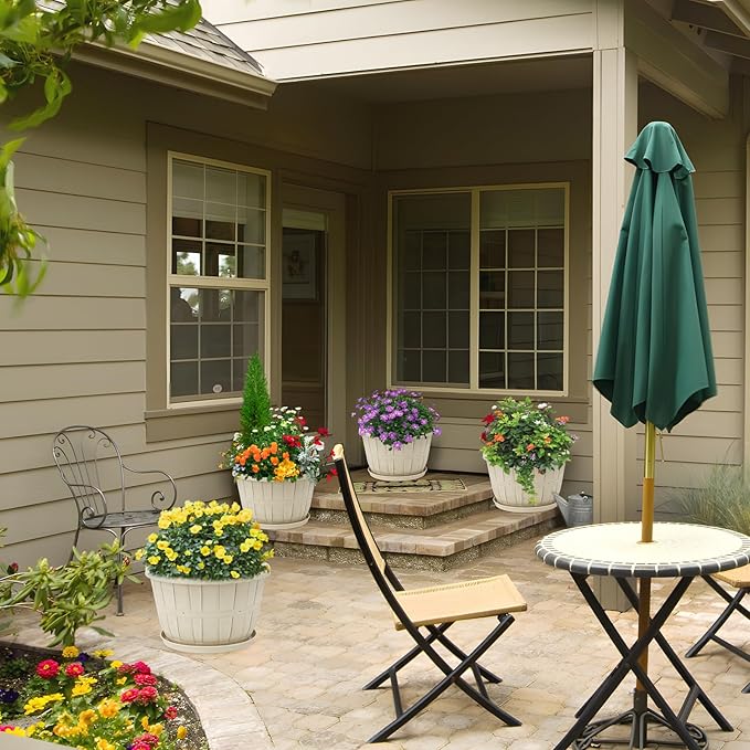 Quarut 14 Inch Plastic-Flower-Pot-for-Indoor-Plants, 4 Pack Large Outdoor Planter Pot with Drainage Holes & Saucers, Resin Decorative Garden Pots Planters(Beige)