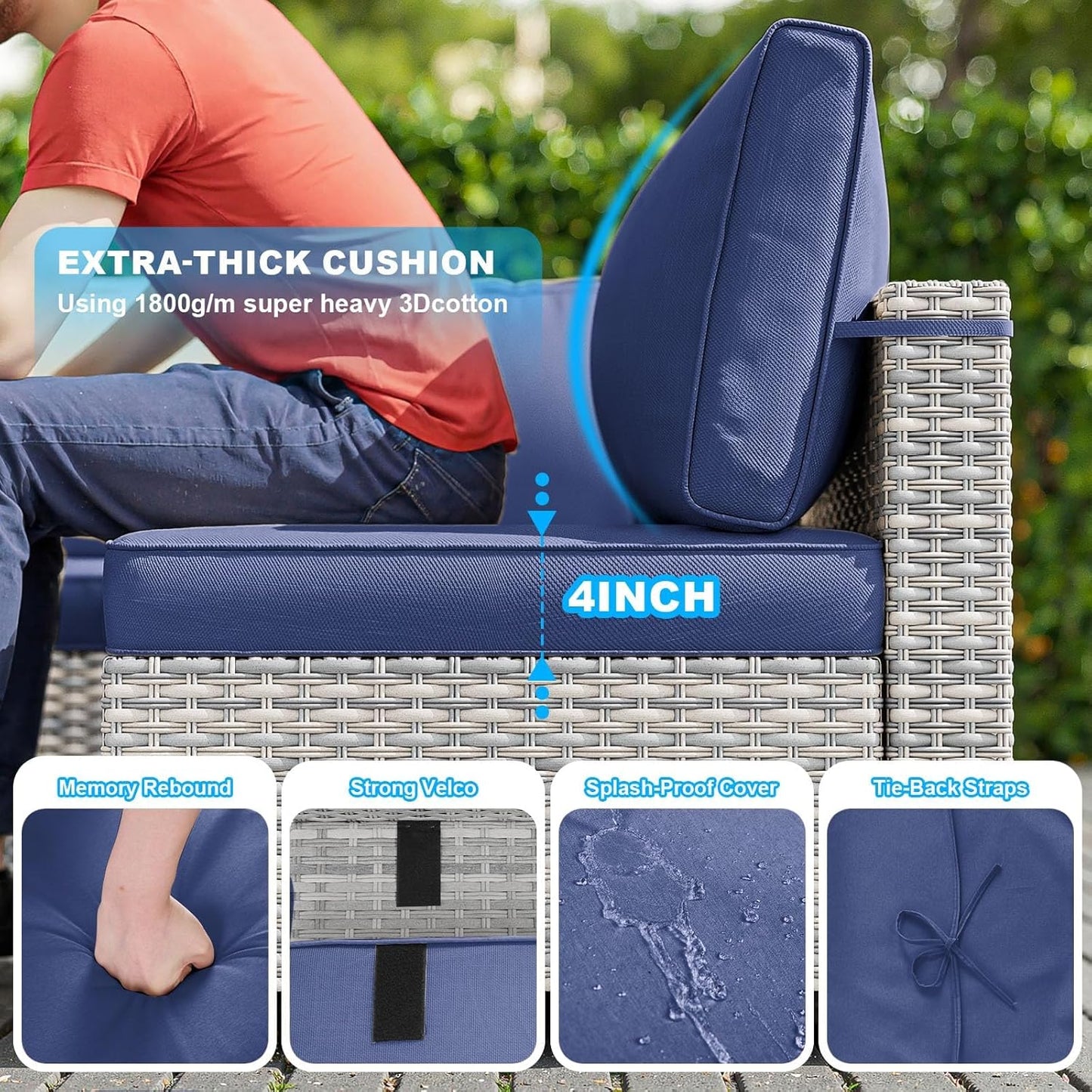 10-Piece Modern Patio Furniture Set with Swivel Chairs, Thick Cushions, Dual-Strand Wicker Rattan, Rust-Resistant Frame, Navy Blue