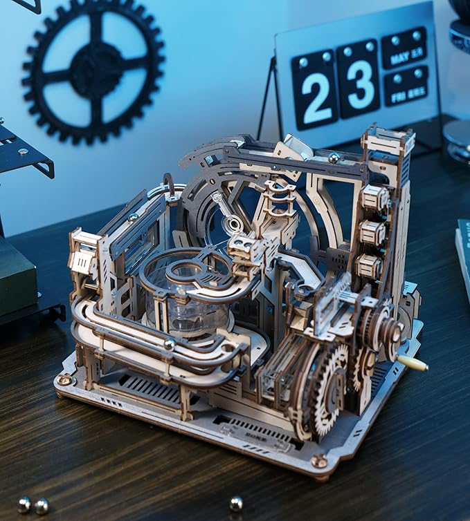 ROBOTIME Motorized Wooden Puzzles for Adults - 3D Puzzles for Adults LGC01 Marble Spaceport - Wooden Marble Run Model to Build - Space/STEM/Engineering Gift