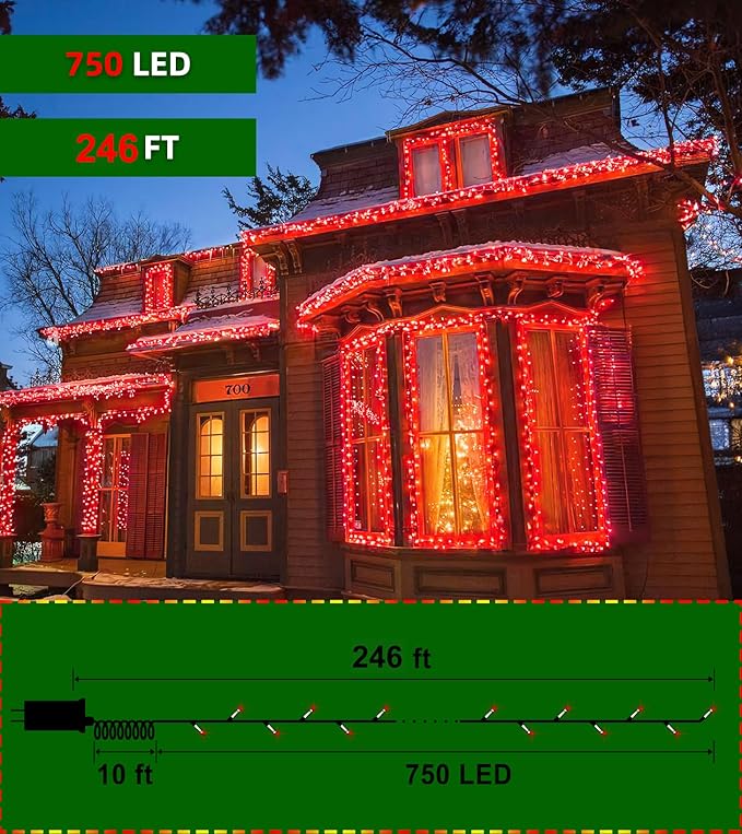 750 LED Outdoor Christmas Lights Decorations, 246ft Green Wire LED Christmas String Lights with Timer Memory, Twinkle Lighs for Indoor Outdoor Xmas Party Christmas Tree Wedding Garden Patio Red