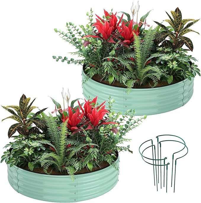 Galvanized Metal Planter Round Raised Garden Bed Kit for Gardening Outdoor,2x2x1ft 2PC Grow Garden Box Raised Flower Bed,Round Galvanized Planter Outdoor Metal Fire Pit Ring Green