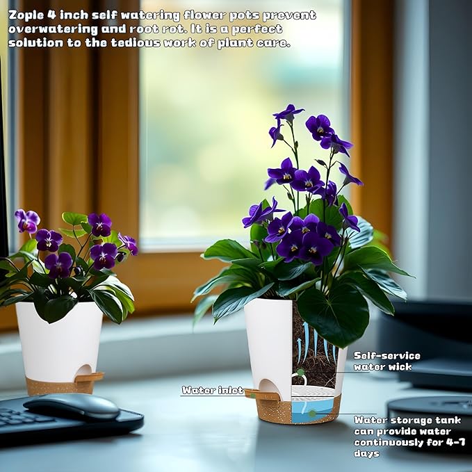 12 Pack 4 Inch Self Watering Plant Pots with Drainage and Saucers,Plastic Flower Pots for Indoor and Outdoor Plants, Nursery Planters for Houseplants and Herbs White Brown, 4 inch 12pcs