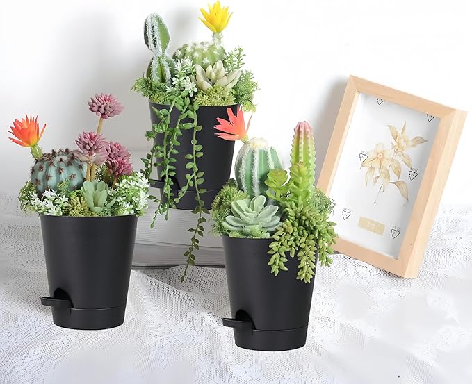 12 Pack 4 Inch Self Watering Plant Pots with Drainage and Saucers,Plastic Flower Pots for Indoor and Outdoor Plants, Nursery Planters for Houseplants and Herbs Black, 4 inch 12pcs