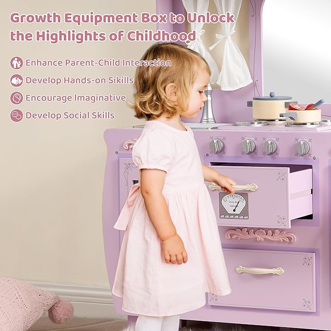 Kids Kitchen playset,Wooden Play Kitchen with Realistic Design,Kids Play Kitchen with Plenty of Play Features,Fine Gift for Ages 3+,Purple