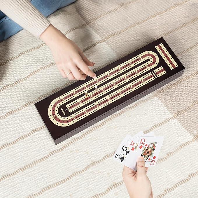 Cribbage Board Game Set, Premium Wooden Board with Magnetic Lock and Metal Pegs, 2 Playing Cards, and Large Storage - Travel-Friendly Continuous 3 Track Board