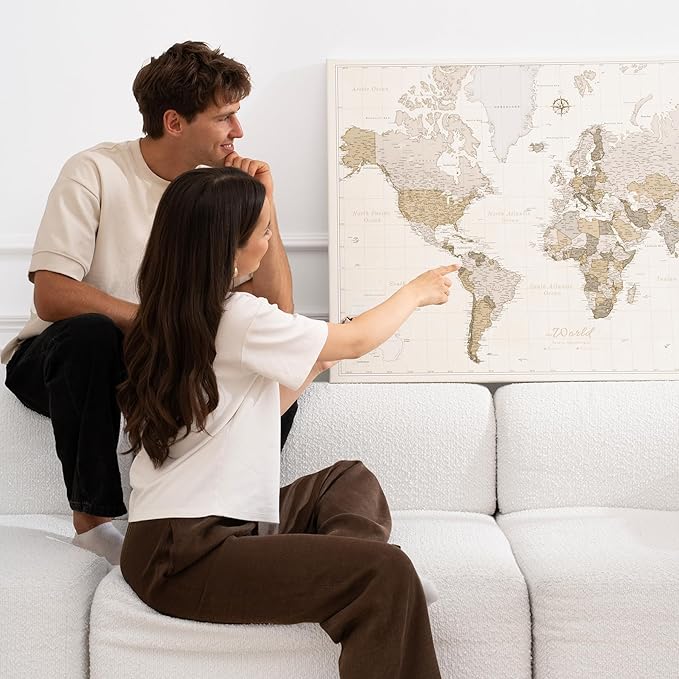 Canvas World Map with Cork Pin Board - English Lettering - Decorative Wall Decoration for All Rooms - Canvas Pictures with World Map Motif (150x100 cm, Pattern 8)