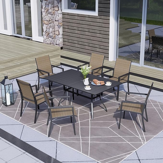 Outdoor Patio Table for 6 Person, Patio Dining Rectangle Table with 1.57" Umbrella Hole for Garden Lawn Backyard Parties, Black Metal Frame 63" L x 38" W x 28" H