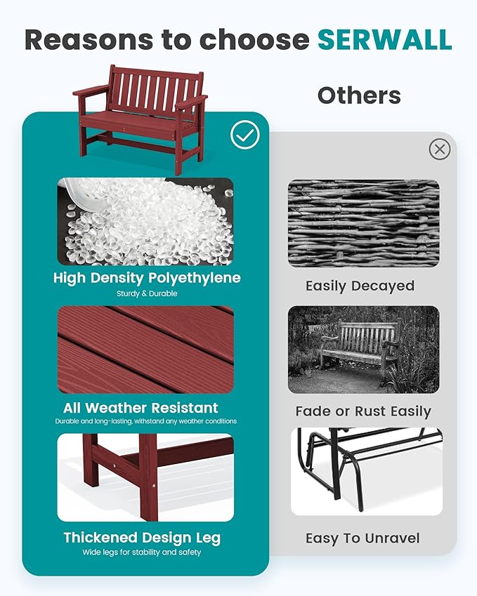 SERWALL Outdoor Bench, HDPE Outdoor Benches Weatherproof, 2-Person Garden Bench with 660 lbs Weight Capacity, Patio Benches for Outdoors, Garden, Porch, Backyard and Park, Red, 2 Pack