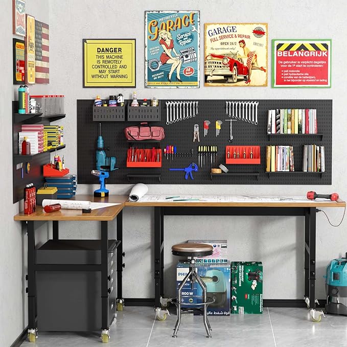 60"x24" Adjustable Workbench with Wheels, Solid Wood Top Work Bench, 2000 LBS Heavy-Duty Worktable with Power Outlets, Portable Work Station for Repair Shop, Workshop, Office