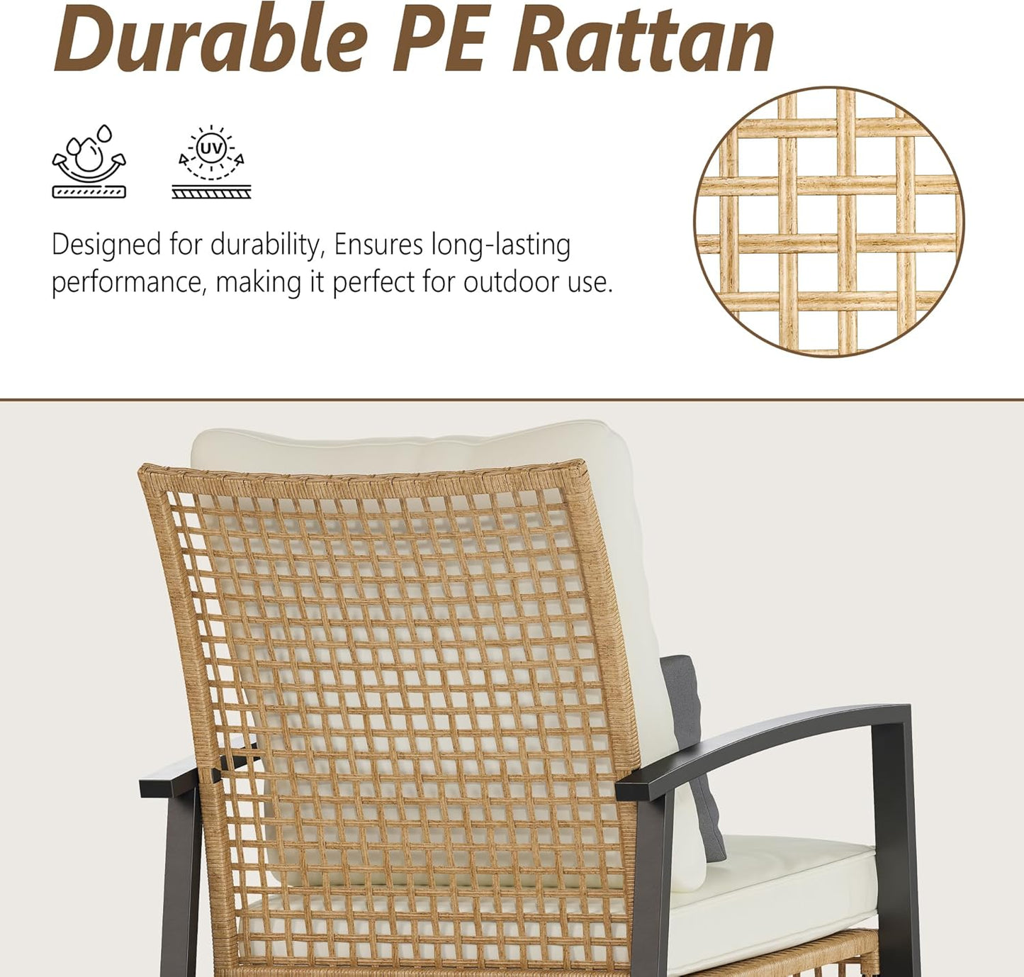 3 Piece Patio Rocking Chairs Set of 2, Outdoor Rocking Chair Bistro Set with Tempered Glass Coffee Table and Thick Lumbar Pillow Set, Front Porch Chairs for Garden, Backyard, Poolside (Beige)