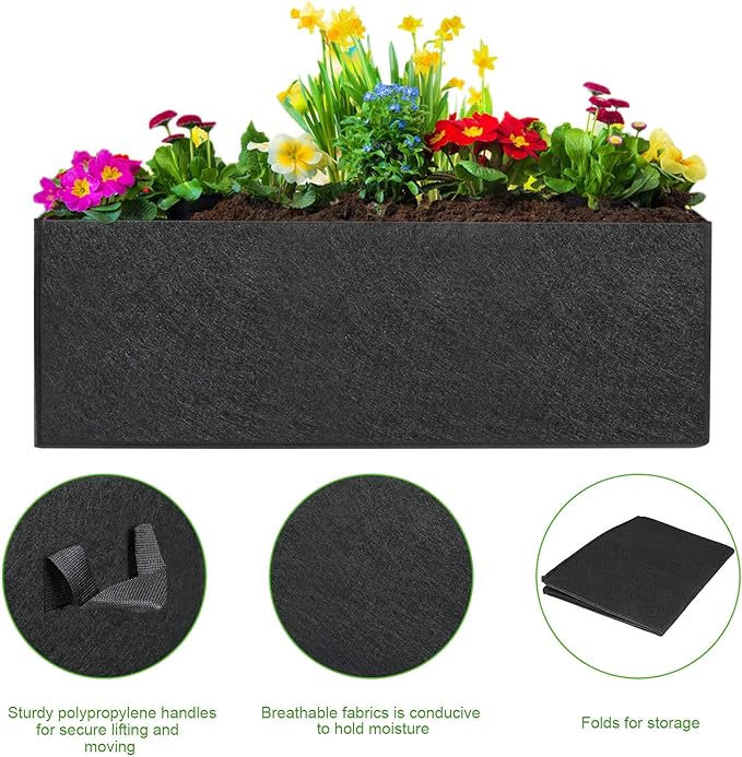 ANGELIOX 3-Pack Grow Bags, 10 Gallon Heavy Duty 300G Thickened Nonwoven Fabric Raised Garden Bed Square Flower Planter Containers for Carrot Onion,Flowers,Fruit/Growing Pots with Handles(60x30x20cm)