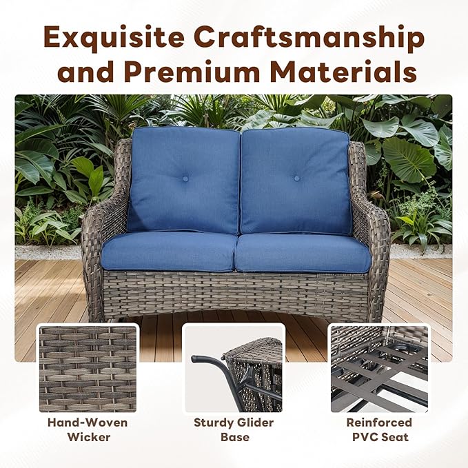 5 Piece Outdoor Patio Furniture Set - Outdoor Conversation Couch and Loveseat Glider Chair Furniture Set with Rattan Coffee Table for Deck Balcony Poolside Gray Wicker/Blue Cushions