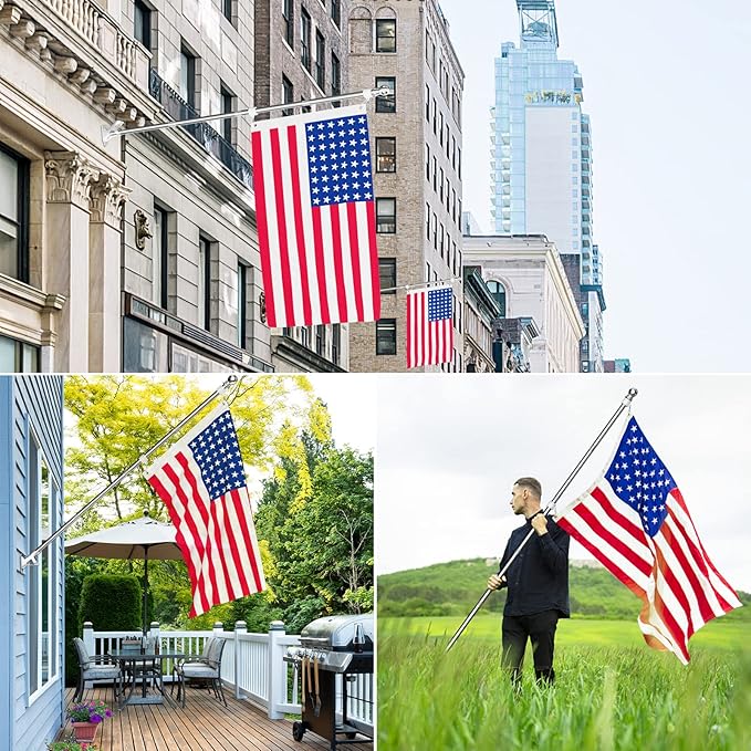 ZMTECH 2 Pcs 6 FT Flag Pole with Solar Light - Adjustable Bracket, Stainless Steel Flag Poles for Outside House, Tangle Free Flag Pole Holder Kit for American Flag (Without Flag, Silver)