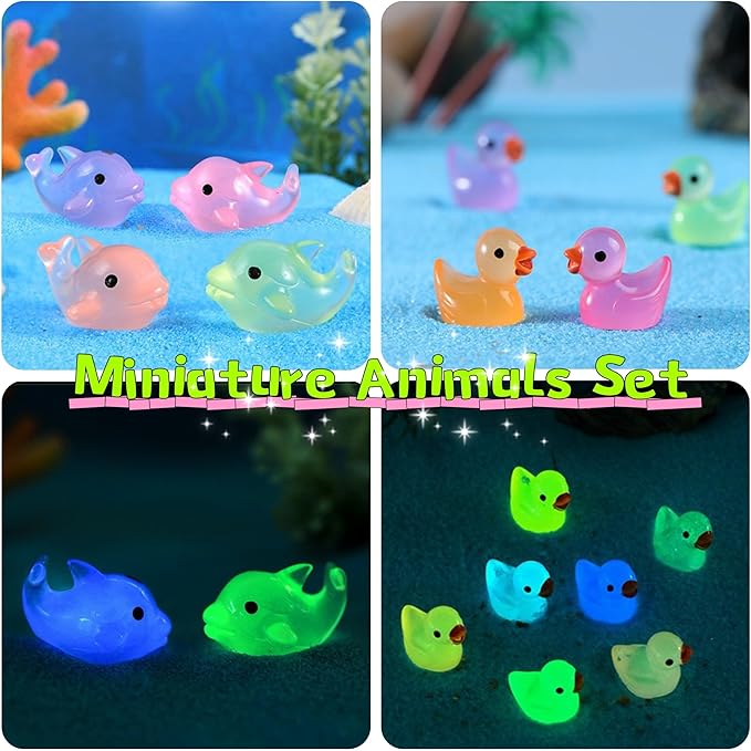 148Pcs Luminous Mini Resin Animals, Tiny Ducks Glow in The Dark Dolphins Dinosaurs Mushrooms 4 Combination Resin Set, Miniature Figures for Garden Decoration Aquarium Home Party Decor