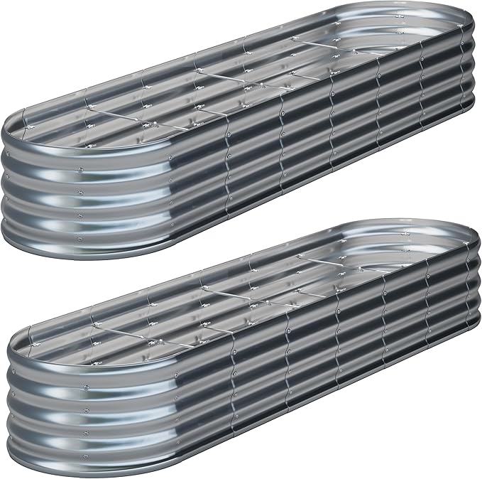 KFN 2PCS 8x1.8x1FT Galvanized Raised Garden Bed,Raised Garden Bed Kit-Oval Metal Vegetable Box,Large Planter Flower Boxes Outdoor,Planting for Vegetables,Flower,Herb,Sliver,0.7mm