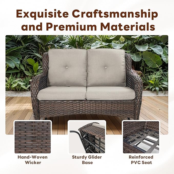 5 Piece Outdoor Patio Furniture Set - Outdoor Conversation Couch and Loveseat Glider Chair Furniture Set with Rattan Coffee Table for Deck Balcony Poolside Brown Wicker/Grey Cushions