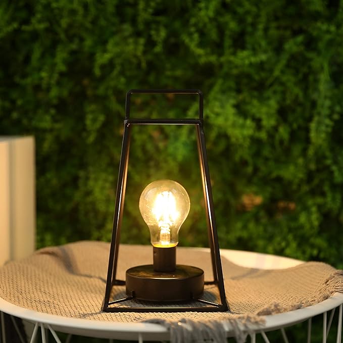 JHY DESIGN Retro Style Geometric Table Lamp 10''High Simple Iron Art Cordless Lamp Battery Powered Lamp with 6-Hours Timer Feature Cage Wireless Lamp for Balcony Party Indoor Outdoor(Short, Black)