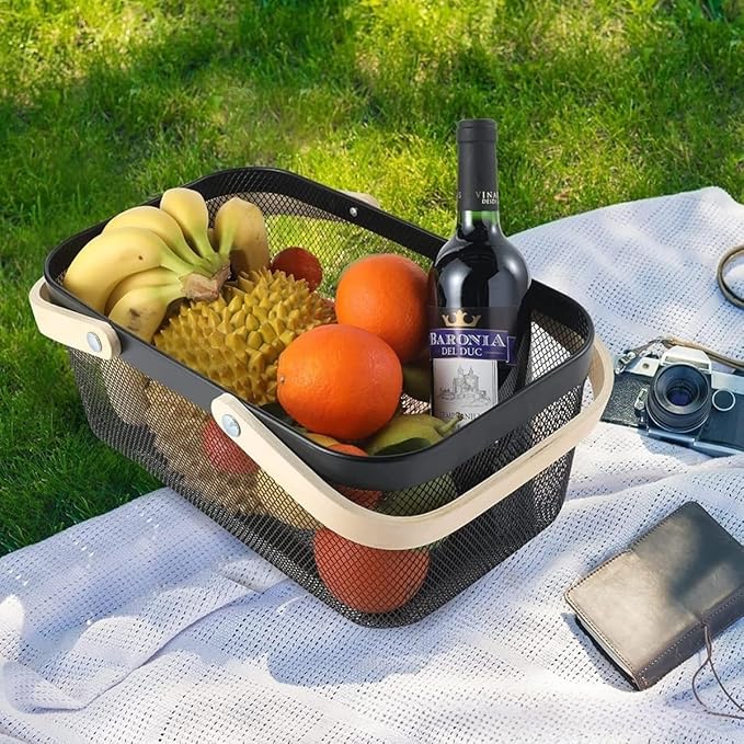 Portable Mesh Harvest Basket - Natural Bamboo Handle Foldable Organizer for Kitchen, Garden & Picnic | Ventilated Storage Bin with Rust-Proof Wire, Space-Saving Farmhouse Decor (Nebula Green)